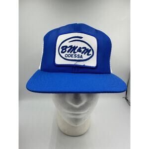 Vtg BM&M Odessa Trucker Hat Patch Cap Snapback Blue Mesh USA Oil Gas